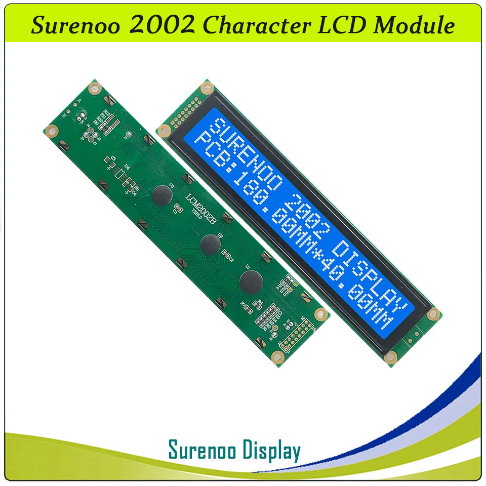 SLC2002B PCB=180.00X40.00MM 2002 20*2 Surenoo Larger Character LCD Module Display Screen Panel 6800 4-bit 8-bit Parallel Serial IIC I2C AIP31066 SPLC780D ST7066 PCF8574 Controller STN Yellow Green STN Blue LED Backlight