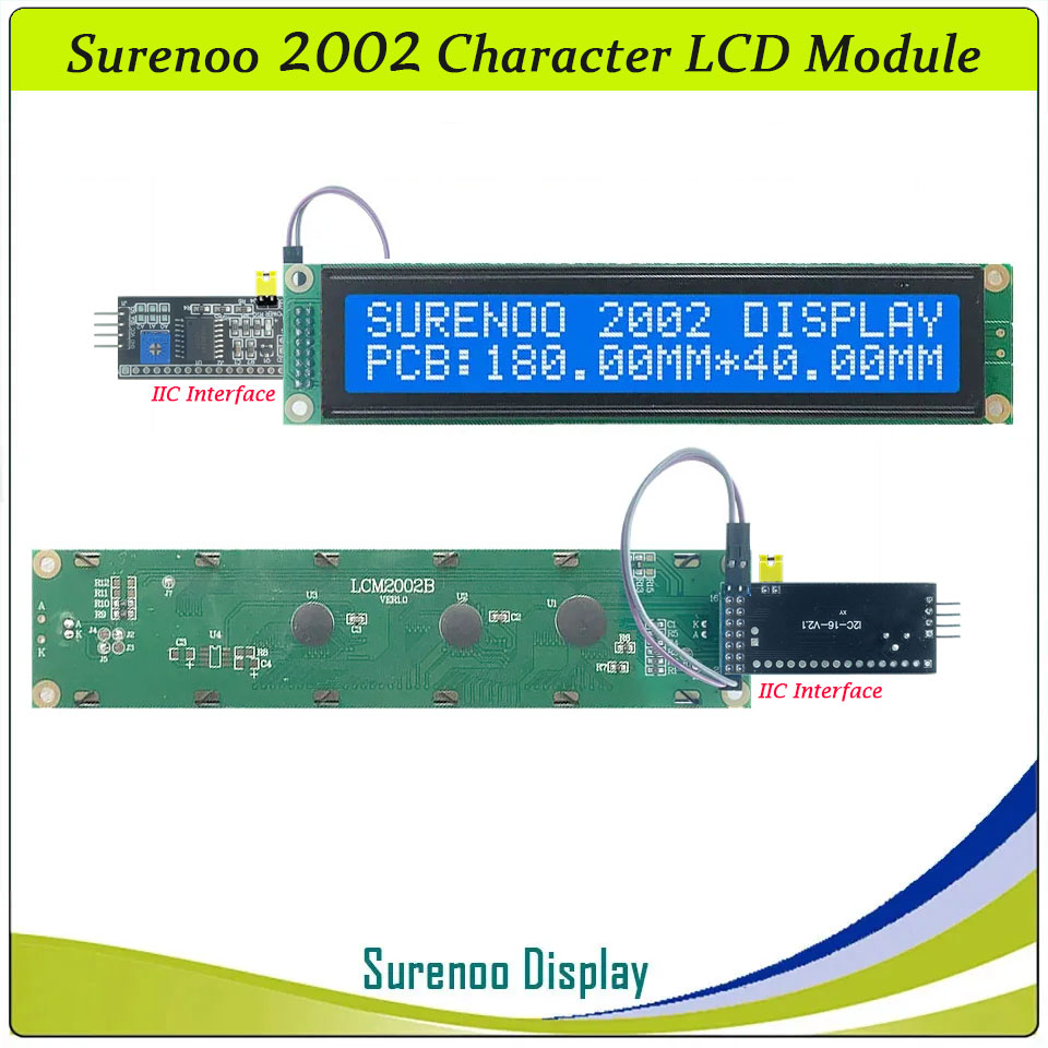 SLC2002B PCB=180.00X40.00MM 2002 20*2 Surenoo Larger Character LCD Module Display Screen Panel 6800 4-bit 8-bit Parallel Serial IIC I2C AIP31066 SPLC780D ST7066 PCF8574 Controller STN Yellow Green STN Blue LED Backlight