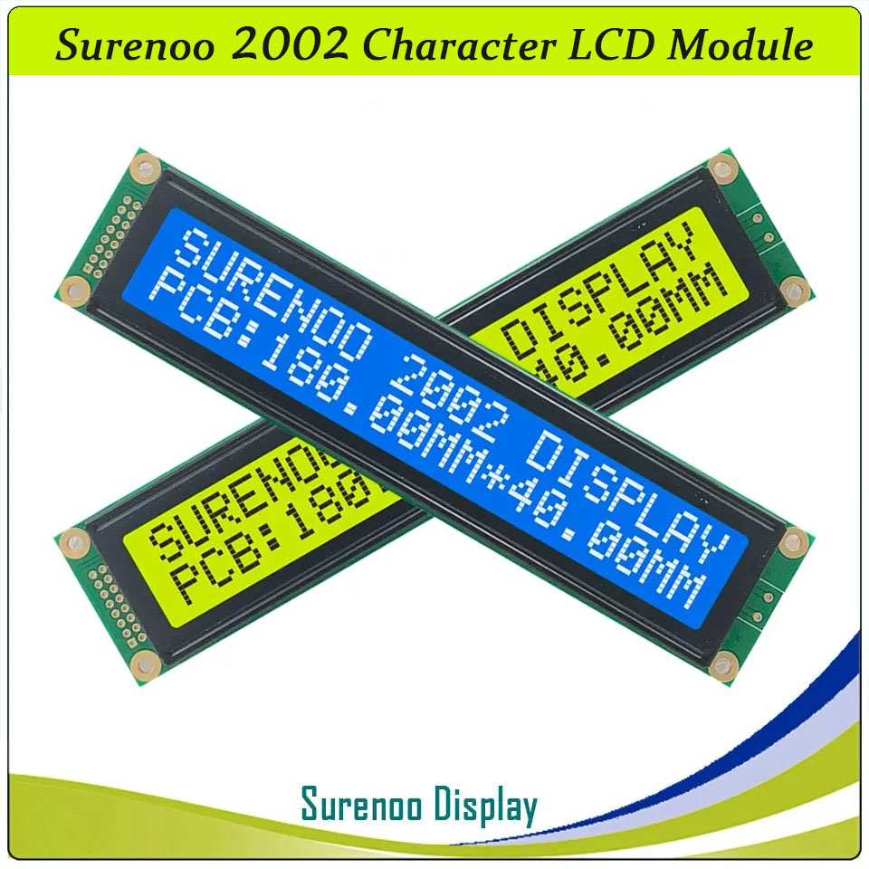 SLC2002B PCB=180.00X40.00MM 2002 20*2 Surenoo Larger Character LCD Module Display Screen Panel 6800 4-bit 8-bit Parallel Serial IIC I2C AIP31066 SPLC780D ST7066 PCF8574 Controller STN Yellow Green STN Blue LED Backlight