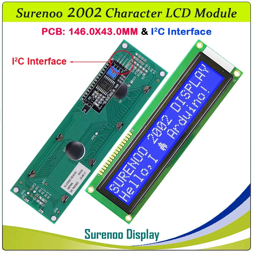 SLC2002C PCB=146.00X43.00MM 2002 20*2 Surenoo Larger Character LCD Module Display Screen Panel 6800 4-bit 8-bit Parallel Serial IIC I2C AIP31066 SPLC780D ST7066 PCF8574 Controller STN Yellow Green STN Blue LED Backlight USB2LCD for LCD Smartie AIDA64