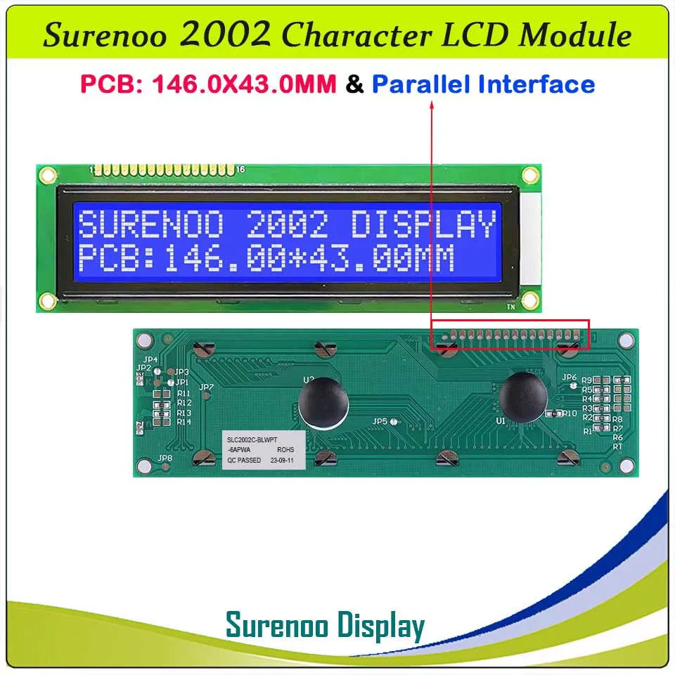 SLC2002C PCB=146.00X43.00MM 2002 20*2 Surenoo Larger Character LCD Module Display Screen Panel 6800 4-bit 8-bit Parallel Serial IIC I2C AIP31066 SPLC780D ST7066 PCF8574 Controller STN Yellow Green STN Blue LED Backlight USB2LCD for LCD Smartie AIDA64