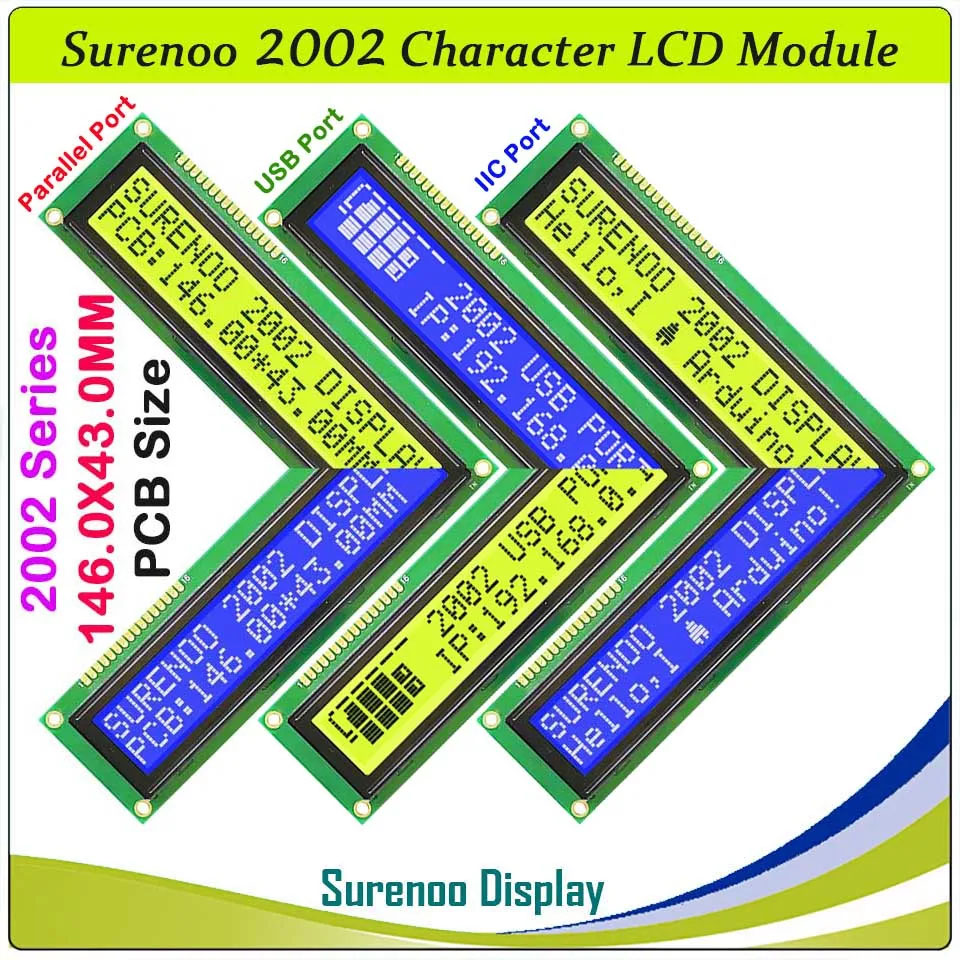 SLC2002C PCB=146.00X43.00MM 2002 20*2 Surenoo Larger Character LCD Module Display Screen Panel 6800 4-bit 8-bit Parallel Serial IIC I2C AIP31066 SPLC780D ST7066 PCF8574 Controller STN Yellow Green STN Blue LED Backlight USB2LCD for LCD Smartie AIDA64