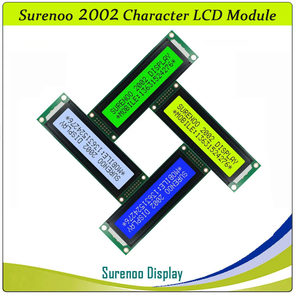 SLC2002A PCB=116.00X37.00MM 2002 20*2 Surenoo Character LCD Module Display Screen Panel 6800 4/8-bit Parallel Serial IIC I2C AIP31066 SPLC780D ST7066 PCF8574 Controller STN Yellow Green Blue FSTN Positive LED Backlight LCD2USB for LCD Smartie AIDA64