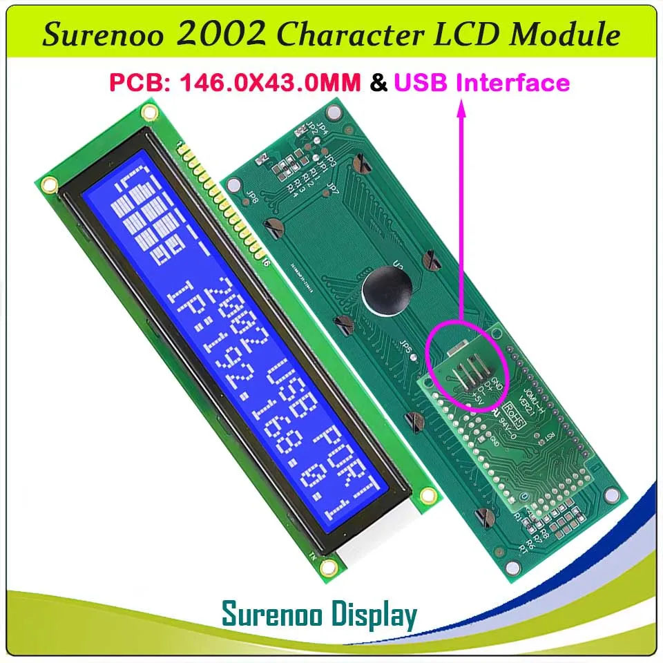SLC2002C PCB=146.00X43.00MM 2002 20*2 Surenoo Larger Character LCD Module Display Screen Panel 6800 4-bit 8-bit Parallel Serial IIC I2C AIP31066 SPLC780D ST7066 PCF8574 Controller STN Yellow Green STN Blue LED Backlight USB2LCD for LCD Smartie AIDA64