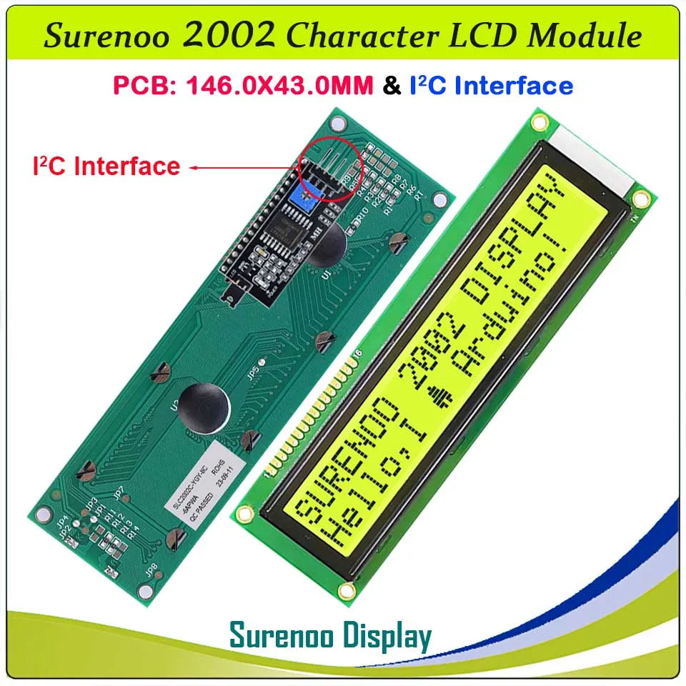 SLC2002C PCB=146.00X43.00MM 2002 20*2 Surenoo Larger Character LCD Module Display Screen Panel 6800 4-bit 8-bit Parallel Serial IIC I2C AIP31066 SPLC780D ST7066 PCF8574 Controller STN Yellow Green STN Blue LED Backlight USB2LCD for LCD Smartie AIDA64