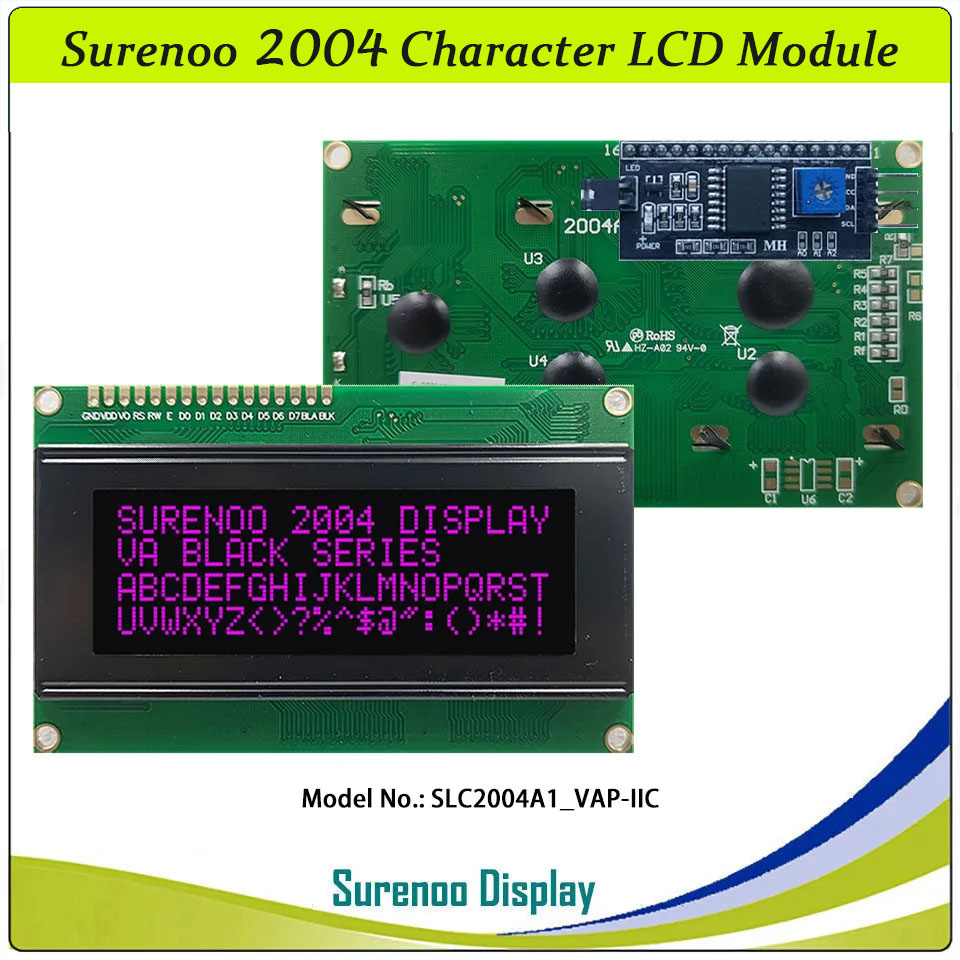 SLC2004A1 PCB=98.00X60.00MM 2004 20*4 Surenoo Character LCD Module Display Screen Panel 6800 4/8-bit Parallel Serial IIC I2C AIP31066 ST7066 PCF8574 Controller STN Yellow Green Blue VA-TN Negative FSTN Positive LED Backlight LCD2USB for AIDA64
