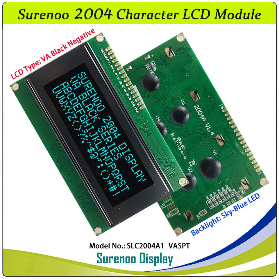 SLC2004A1 PCB=98.00X60.00MM 2004 20*4 Surenoo Character LCD Module Display Screen Panel 6800 4/8-bit Parallel Serial IIC I2C AIP31066 ST7066 PCF8574 Controller STN Yellow Green Blue VA-TN Negative FSTN Positive LED Backlight LCD2USB for AIDA64