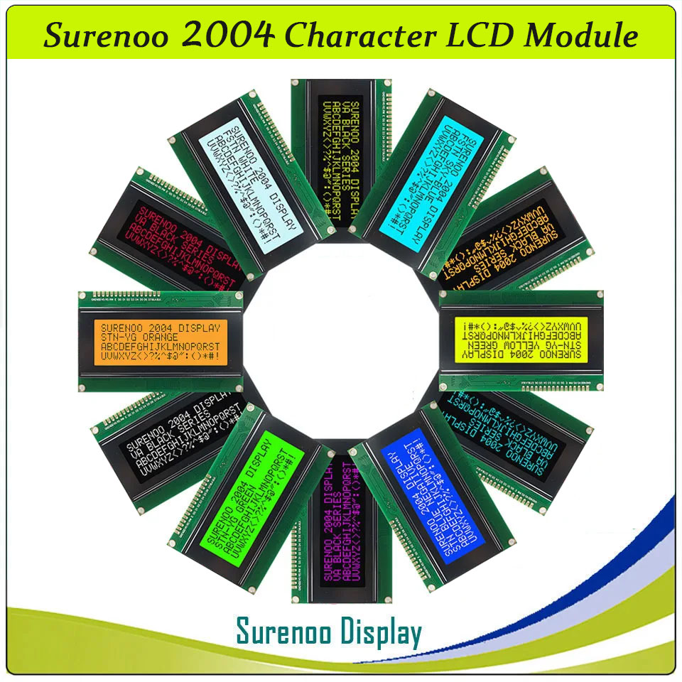 SLC2004A1 PCB=98.00X60.00MM 2004 20*4 Surenoo Character LCD Module Display Screen Panel 6800 4/8-bit Parallel Serial IIC I2C AIP31066 ST7066 PCF8574 Controller STN Yellow Green Blue VA-TN Negative FSTN Positive LED Backlight LCD2USB for AIDA64