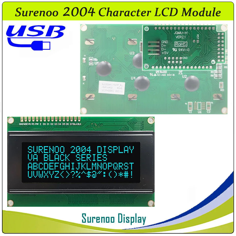 SLC2004A1 PCB=98.00X60.00MM 2004 20*4 Surenoo Character LCD Module Display Screen Panel 6800 4/8-bit Parallel Serial IIC I2C AIP31066 ST7066 PCF8574 Controller STN Yellow Green Blue VA-TN Negative FSTN Positive LED Backlight LCD2USB for AIDA64