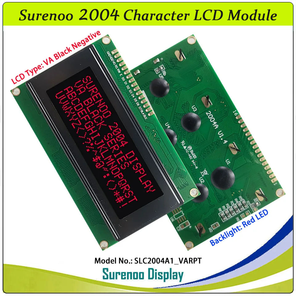 SLC2004A1 PCB=98.00X60.00MM 2004 20*4 Surenoo Character LCD Module Display Screen Panel 6800 4/8-bit Parallel Serial IIC I2C AIP31066 ST7066 PCF8574 Controller STN Yellow Green Blue VA-TN Negative FSTN Positive LED Backlight LCD2USB for AIDA64