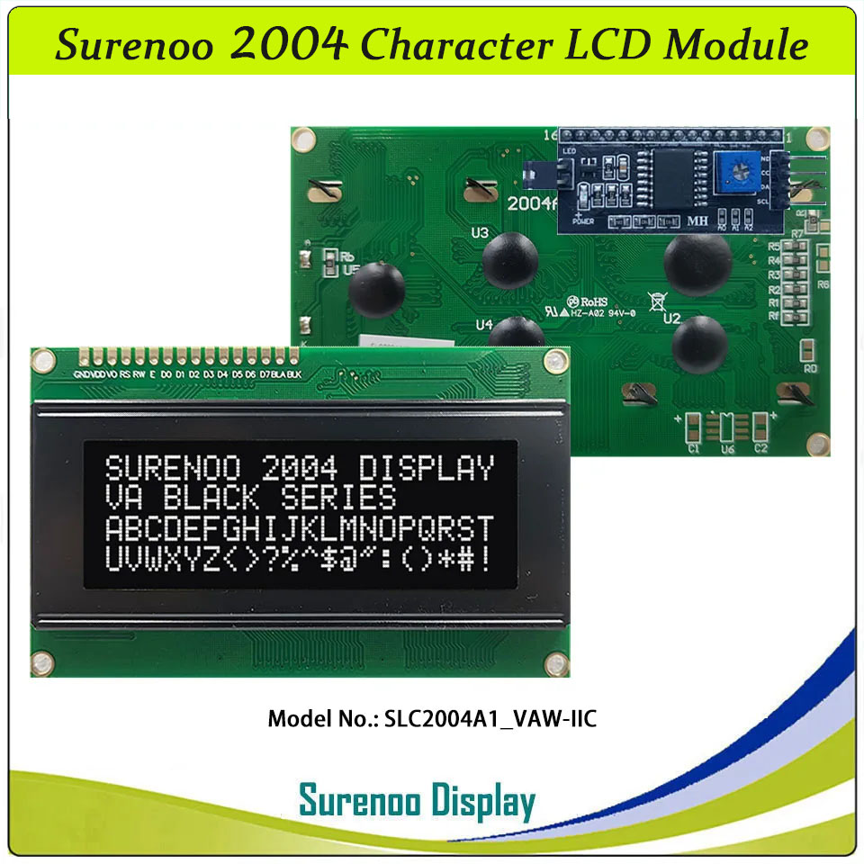 SLC2004A1 PCB=98.00X60.00MM 2004 20*4 Surenoo Character LCD Module Display Screen Panel 6800 4/8-bit Parallel Serial IIC I2C AIP31066 ST7066 PCF8574 Controller STN Yellow Green Blue VA-TN Negative FSTN Positive LED Backlight LCD2USB for AIDA64