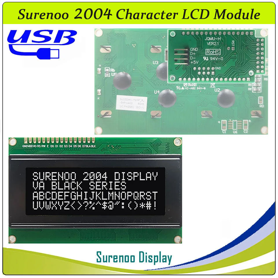 SLC2004A1 PCB=98.00X60.00MM 2004 20*4 Surenoo Character LCD Module Display Screen Panel 6800 4/8-bit Parallel Serial IIC I2C AIP31066 ST7066 PCF8574 Controller STN Yellow Green Blue VA-TN Negative FSTN Positive LED Backlight LCD2USB for AIDA64