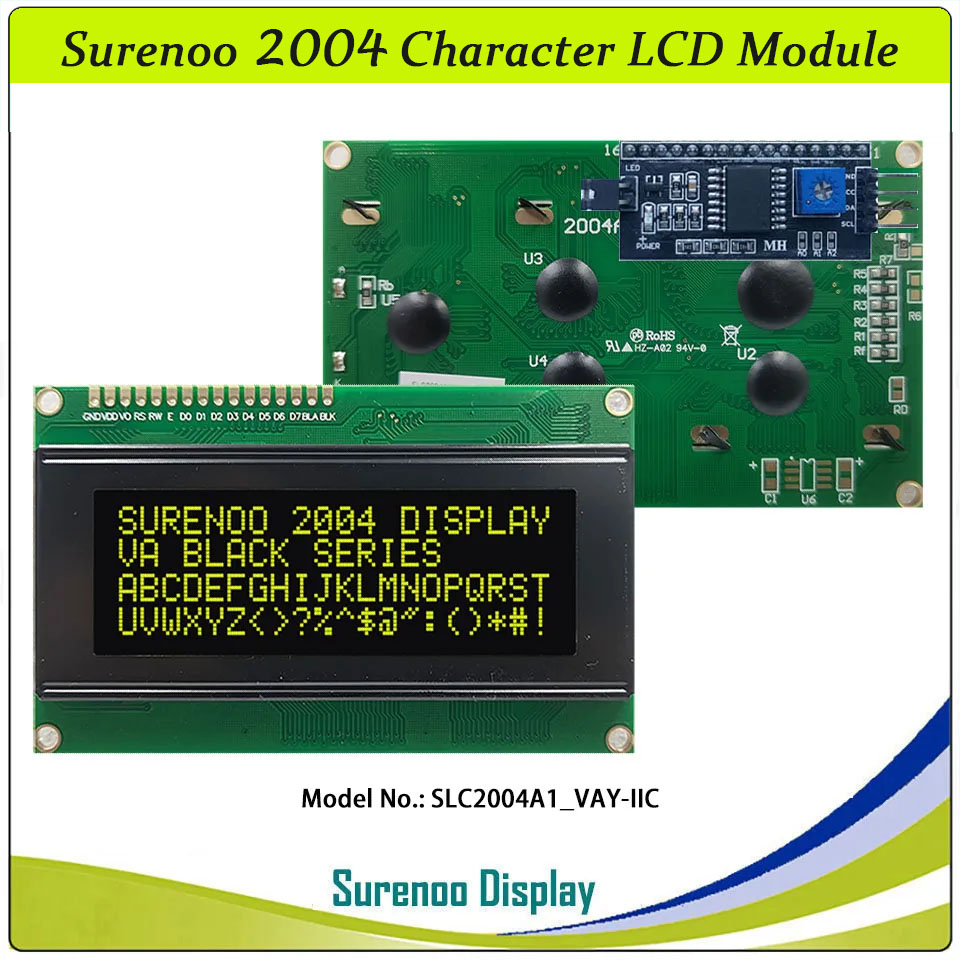 SLC2004A1 PCB=98.00X60.00MM 2004 20*4 Surenoo Character LCD Module Display Screen Panel 6800 4/8-bit Parallel Serial IIC I2C AIP31066 ST7066 PCF8574 Controller STN Yellow Green Blue VA-TN Negative FSTN Positive LED Backlight LCD2USB for AIDA64