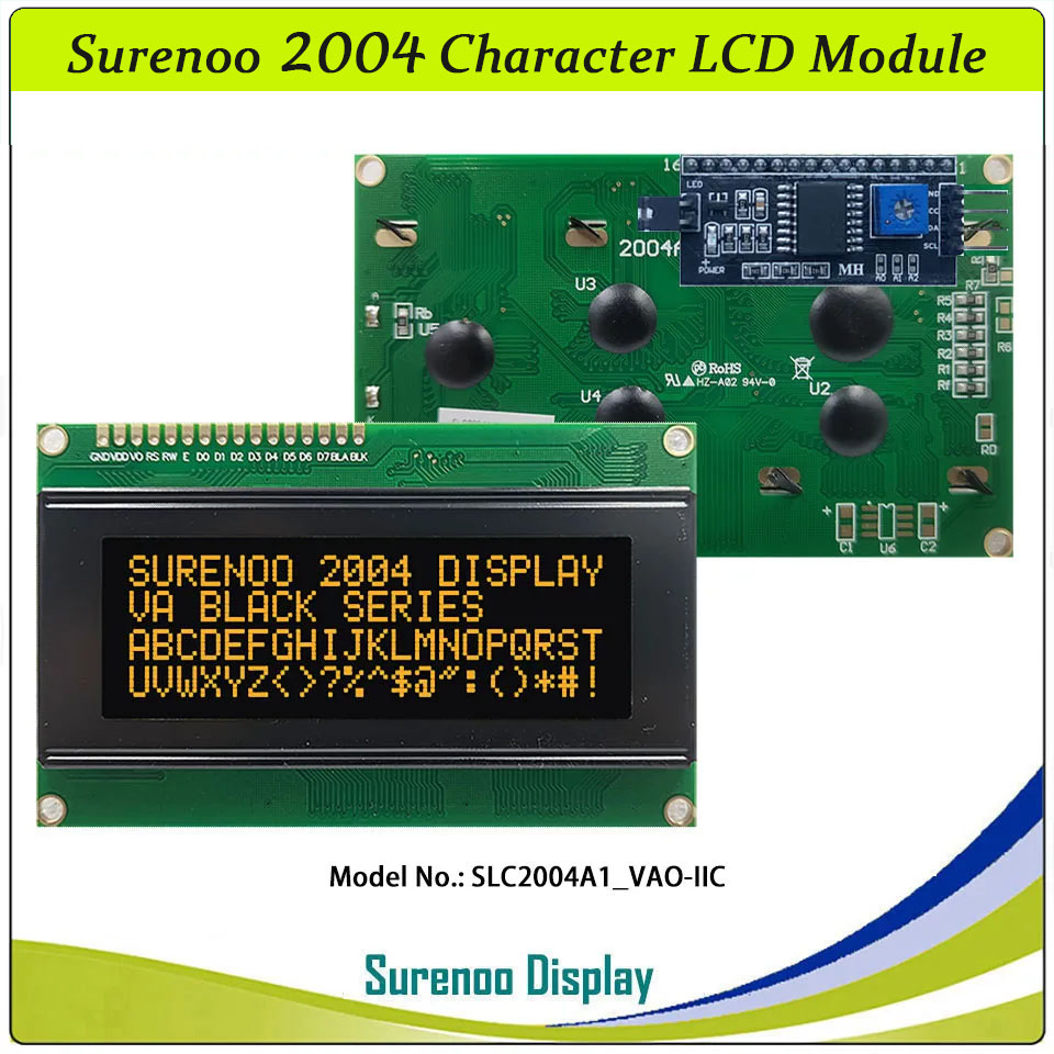 SLC2004A1 PCB=98.00X60.00MM 2004 20*4 Surenoo Character LCD Module Display Screen Panel 6800 4/8-bit Parallel Serial IIC I2C AIP31066 ST7066 PCF8574 Controller STN Yellow Green Blue VA-TN Negative FSTN Positive LED Backlight LCD2USB for AIDA64