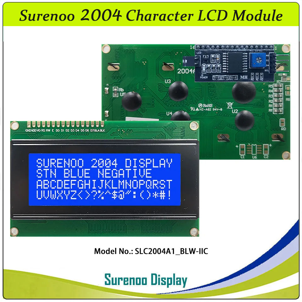 SLC2004A1 PCB=98.00X60.00MM 2004 20*4 Surenoo Character LCD Module Display Screen Panel 6800 4/8-bit Parallel Serial IIC I2C AIP31066 ST7066 PCF8574 Controller STN Yellow Green Blue VA-TN Negative FSTN Positive LED Backlight LCD2USB for AIDA64