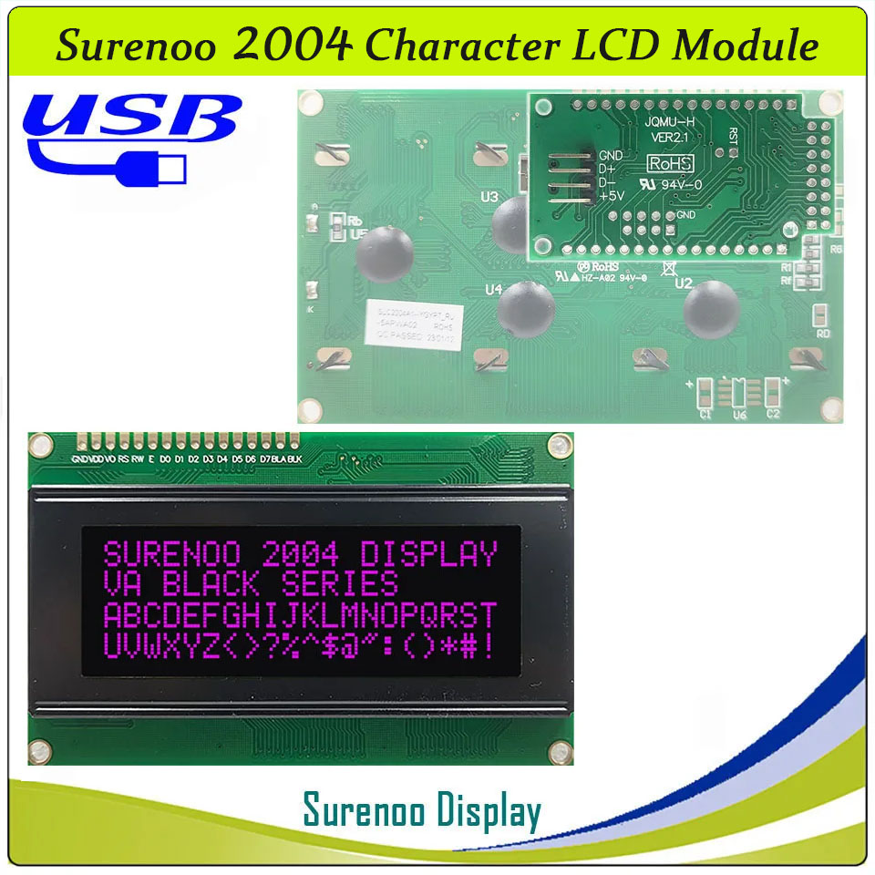 SLC2004A1 PCB=98.00X60.00MM 2004 20*4 Surenoo Character LCD Module Display Screen Panel 6800 4/8-bit Parallel Serial IIC I2C AIP31066 ST7066 PCF8574 Controller STN Yellow Green Blue VA-TN Negative FSTN Positive LED Backlight LCD2USB for AIDA64