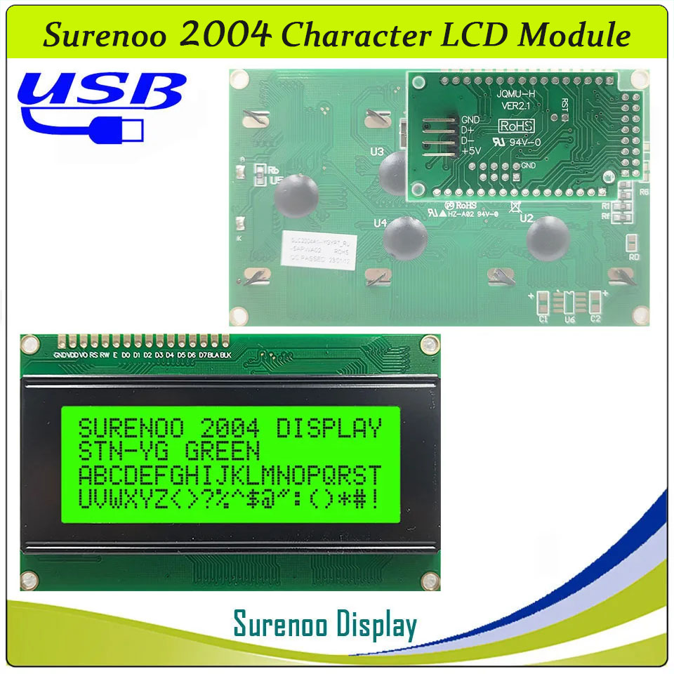 SLC2004A1 PCB=98.00X60.00MM 2004 20*4 Surenoo Character LCD Module Display Screen Panel 6800 4/8-bit Parallel Serial IIC I2C AIP31066 ST7066 PCF8574 Controller STN Yellow Green Blue VA-TN Negative FSTN Positive LED Backlight LCD2USB for AIDA64