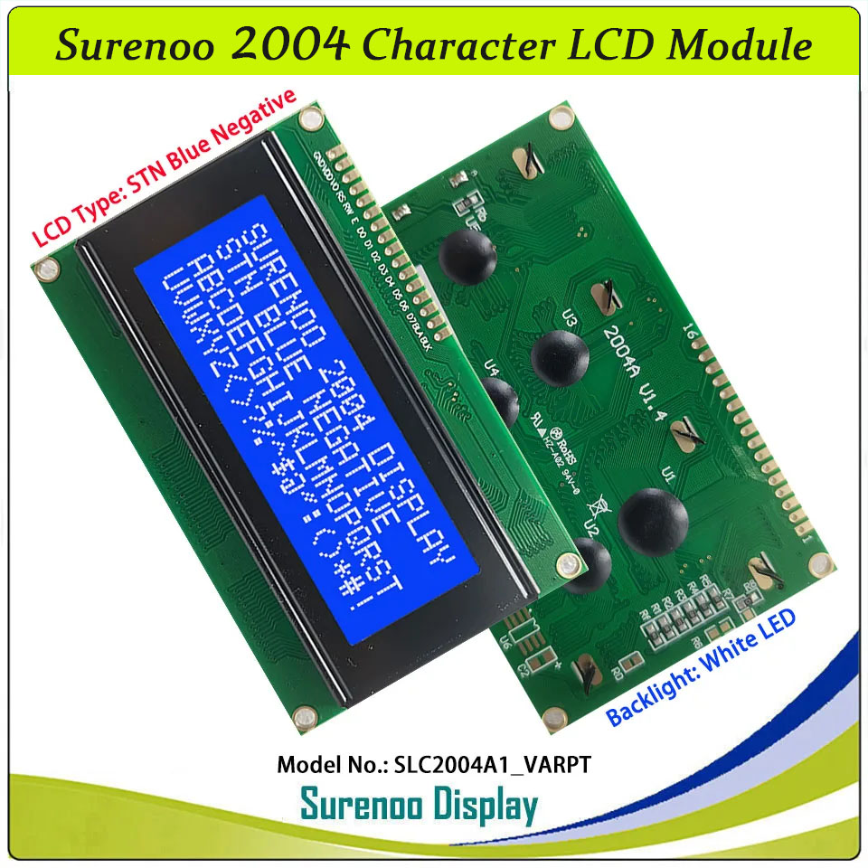 SLC2004A1 PCB=98.00X60.00MM 2004 20*4 Surenoo Character LCD Module Display Screen Panel 6800 4/8-bit Parallel Serial IIC I2C AIP31066 ST7066 PCF8574 Controller STN Yellow Green Blue VA-TN Negative FSTN Positive LED Backlight LCD2USB for AIDA64