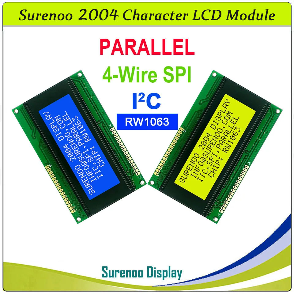 SLC2004A4 PCB=98.00X60.00 2004 20*4 Surenoo Character LCD Module Display Screen Panel 6800 4-Bit 8-Bit Parallel Integrated Serial IIC I2C SPI RW1063 Controller STN Yellow Green STN Blue LED Backlight for Arduino UNO Nano Mega2560