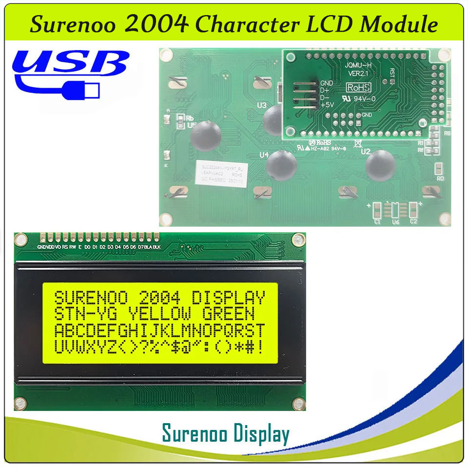 SLC2004A1 PCB=98.00X60.00MM 2004 20*4 Surenoo Character LCD Module Display Screen Panel 6800 4/8-bit Parallel Serial IIC I2C AIP31066 ST7066 PCF8574 Controller STN Yellow Green Blue VA-TN Negative FSTN Positive LED Backlight LCD2USB for AIDA64