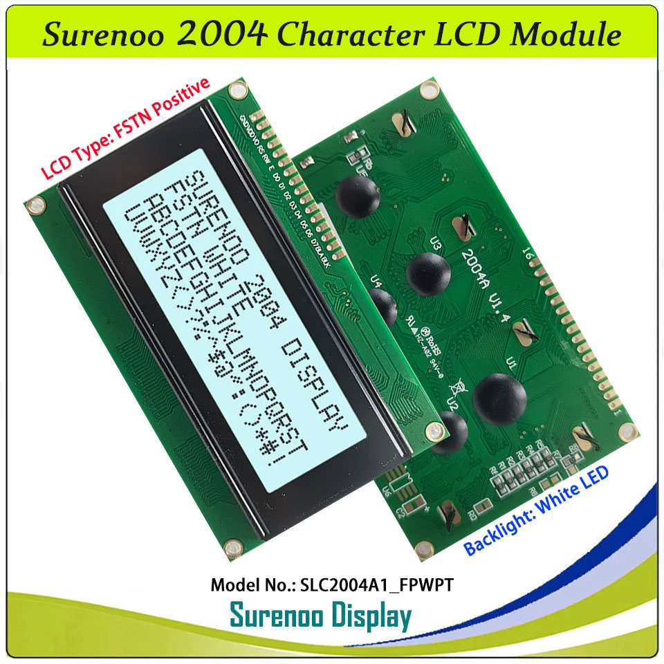 SLC2004A1 PCB=98.00X60.00MM 2004 20*4 Surenoo Character LCD Module Display Screen Panel 6800 4/8-bit Parallel Serial IIC I2C AIP31066 ST7066 PCF8574 Controller STN Yellow Green Blue VA-TN Negative FSTN Positive LED Backlight LCD2USB for AIDA64