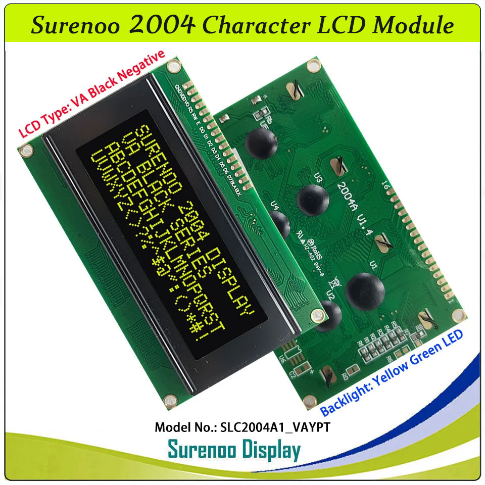 SLC2004A1 PCB=98.00X60.00MM 2004 20*4 Surenoo Character LCD Module Display Screen Panel 6800 4/8-bit Parallel Serial IIC I2C AIP31066 ST7066 PCF8574 Controller STN Yellow Green Blue VA-TN Negative FSTN Positive LED Backlight LCD2USB for AIDA64