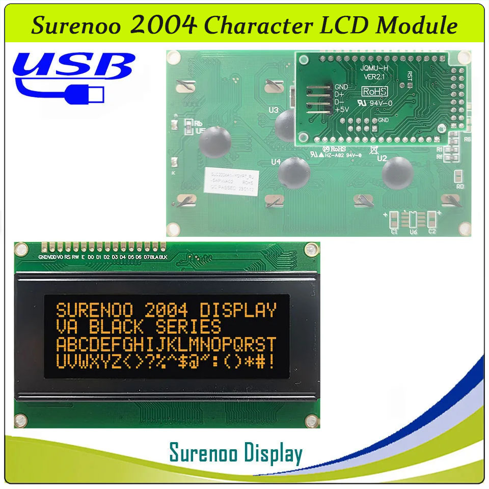 SLC2004A1 PCB=98.00X60.00MM 2004 20*4 Surenoo Character LCD Module Display Screen Panel 6800 4/8-bit Parallel Serial IIC I2C AIP31066 ST7066 PCF8574 Controller STN Yellow Green Blue VA-TN Negative FSTN Positive LED Backlight LCD2USB for AIDA64