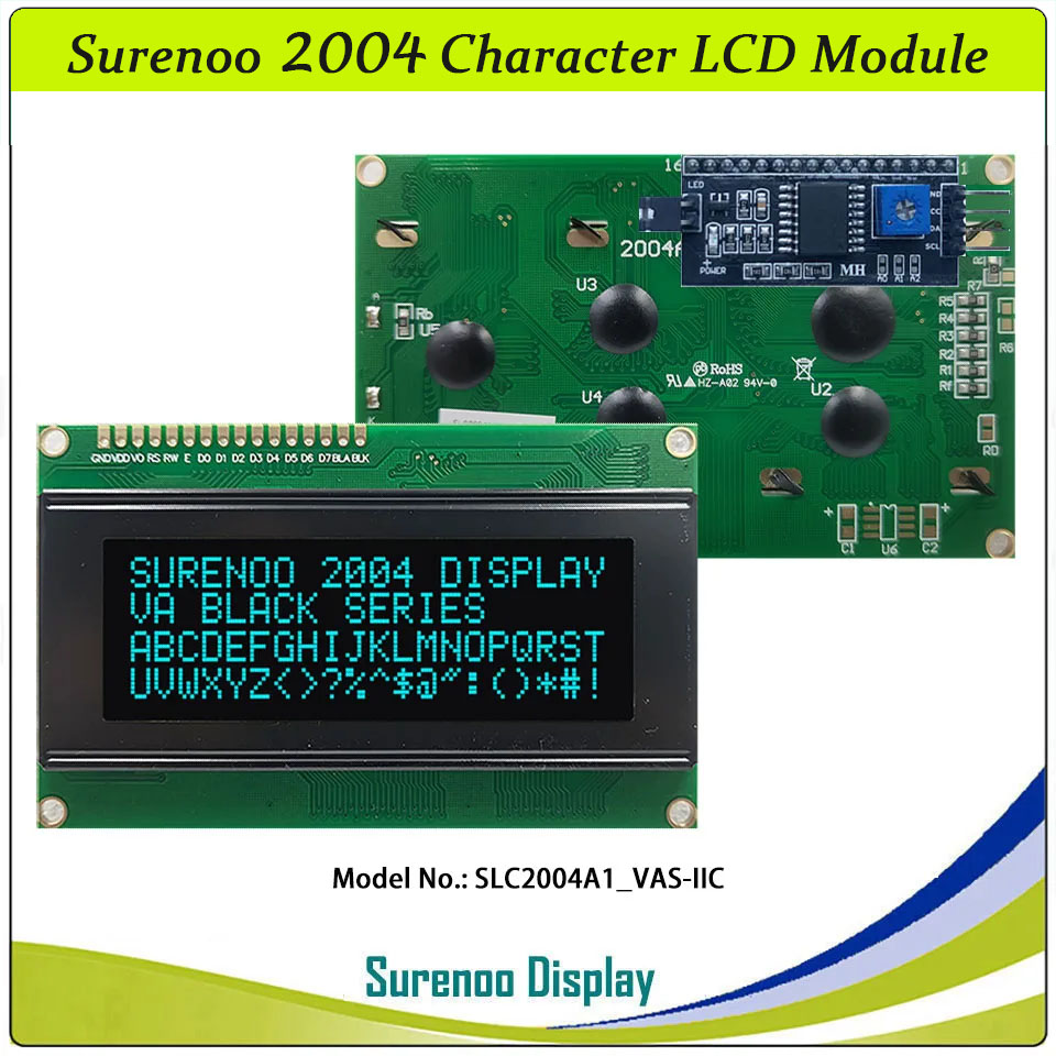 SLC2004A1 PCB=98.00X60.00MM 2004 20*4 Surenoo Character LCD Module Display Screen Panel 6800 4/8-bit Parallel Serial IIC I2C AIP31066 ST7066 PCF8574 Controller STN Yellow Green Blue VA-TN Negative FSTN Positive LED Backlight LCD2USB for AIDA64