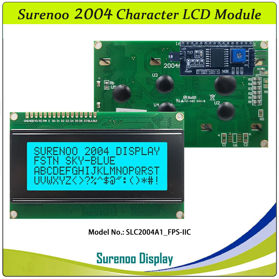 SLC2004A1 PCB=98.00X60.00MM 2004 20*4 Surenoo Character LCD Module Display Screen Panel 6800 4/8-bit Parallel Serial IIC I2C AIP31066 ST7066 PCF8574 Controller STN Yellow Green Blue VA-TN Negative FSTN Positive LED Backlight LCD2USB for AIDA64