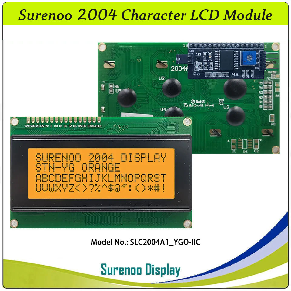 SLC2004A1 PCB=98.00X60.00MM 2004 20*4 Surenoo Character LCD Module Display Screen Panel 6800 4/8-bit Parallel Serial IIC I2C AIP31066 ST7066 PCF8574 Controller STN Yellow Green Blue VA-TN Negative FSTN Positive LED Backlight LCD2USB for AIDA64