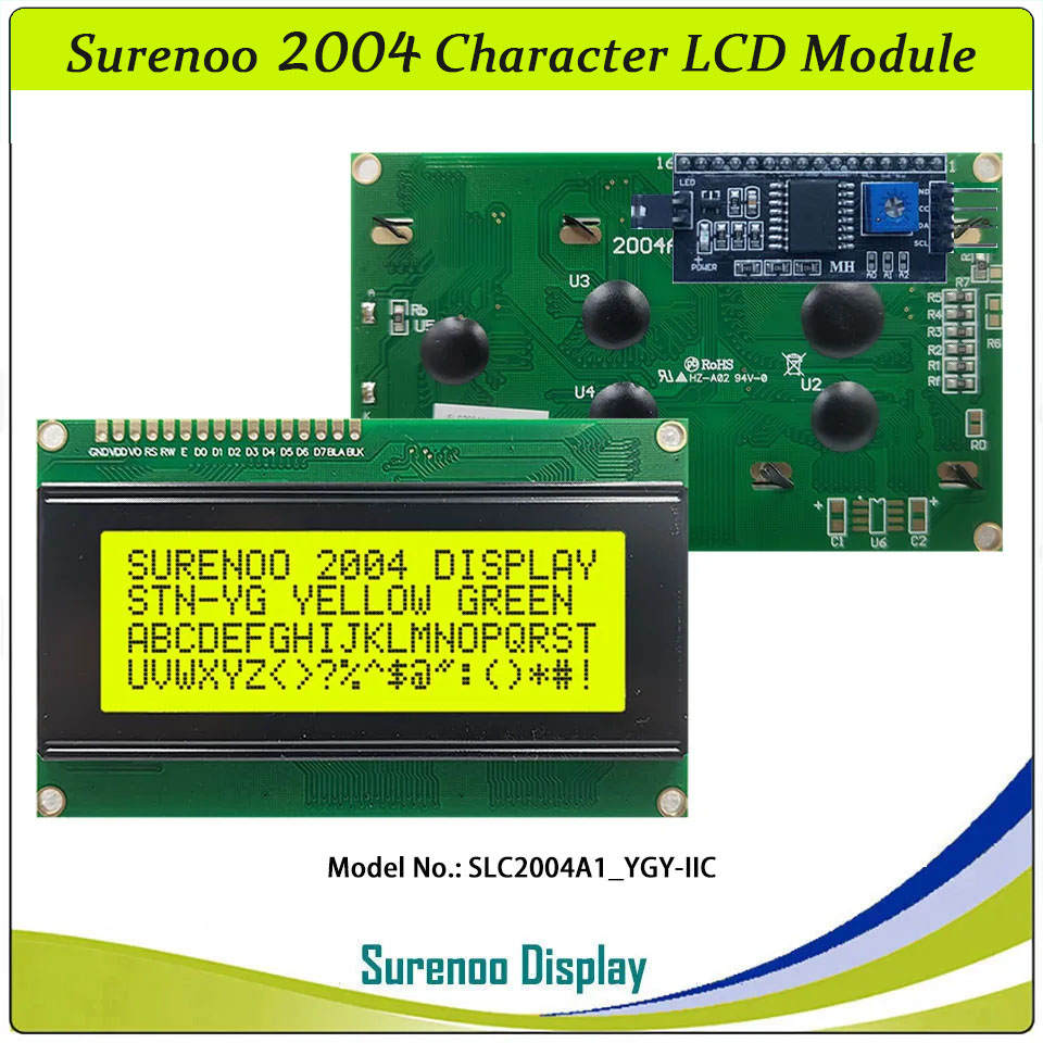 SLC2004A1 PCB=98.00X60.00MM 2004 20*4 Surenoo Character LCD Module Display Screen Panel 6800 4/8-bit Parallel Serial IIC I2C AIP31066 ST7066 PCF8574 Controller STN Yellow Green Blue VA-TN Negative FSTN Positive LED Backlight LCD2USB for AIDA64