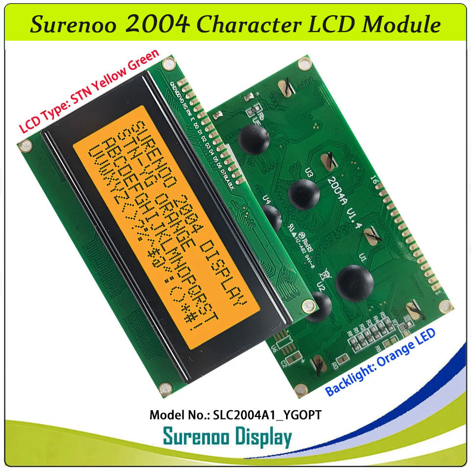 SLC2004A1 PCB=98.00X60.00MM 2004 20*4 Surenoo Character LCD Module Display Screen Panel 6800 4/8-bit Parallel Serial IIC I2C AIP31066 ST7066 PCF8574 Controller STN Yellow Green Blue VA-TN Negative FSTN Positive LED Backlight LCD2USB for AIDA64