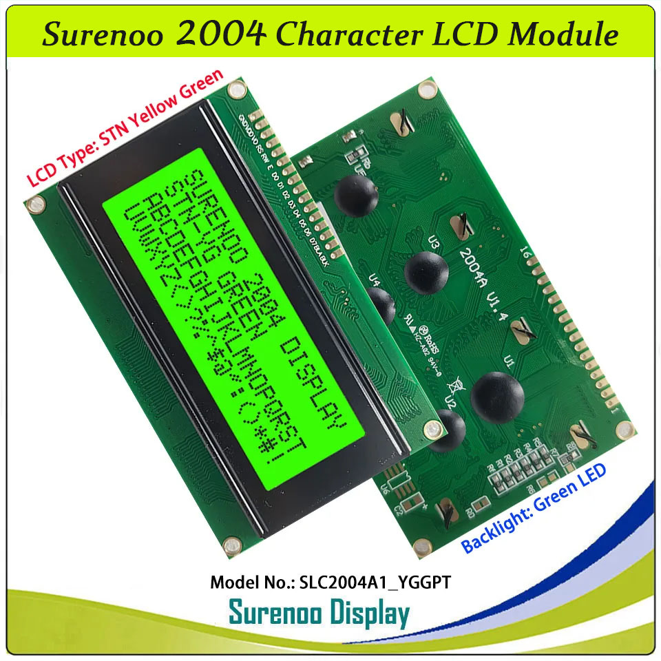 SLC2004A1 PCB=98.00X60.00MM 2004 20*4 Surenoo Character LCD Module Display Screen Panel 6800 4/8-bit Parallel Serial IIC I2C AIP31066 ST7066 PCF8574 Controller STN Yellow Green Blue VA-TN Negative FSTN Positive LED Backlight LCD2USB for AIDA64