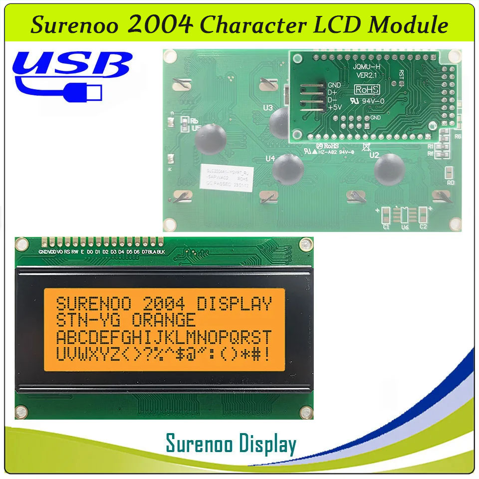 SLC2004A1 PCB=98.00X60.00MM 2004 20*4 Surenoo Character LCD Module Display Screen Panel 6800 4/8-bit Parallel Serial IIC I2C AIP31066 ST7066 PCF8574 Controller STN Yellow Green Blue VA-TN Negative FSTN Positive LED Backlight LCD2USB for AIDA64