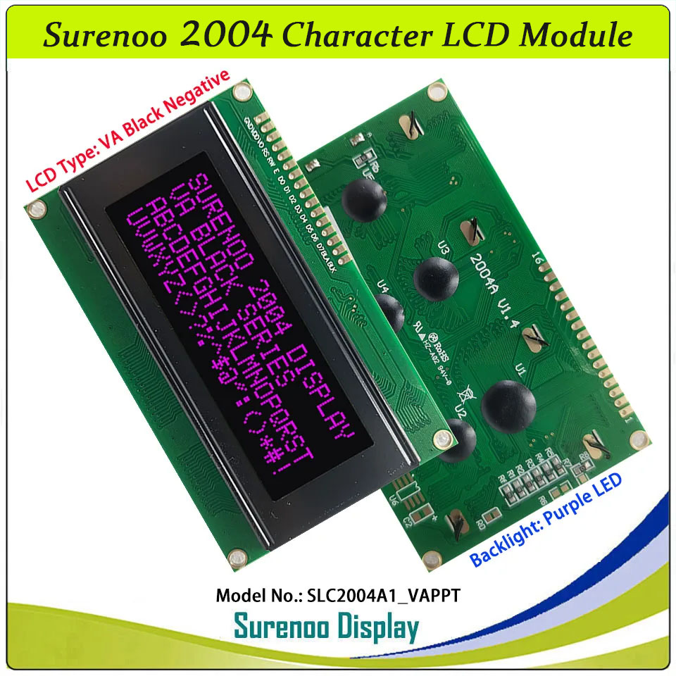 SLC2004A1 PCB=98.00X60.00MM 2004 20*4 Surenoo Character LCD Module Display Screen Panel 6800 4/8-bit Parallel Serial IIC I2C AIP31066 ST7066 PCF8574 Controller STN Yellow Green Blue VA-TN Negative FSTN Positive LED Backlight LCD2USB for AIDA64