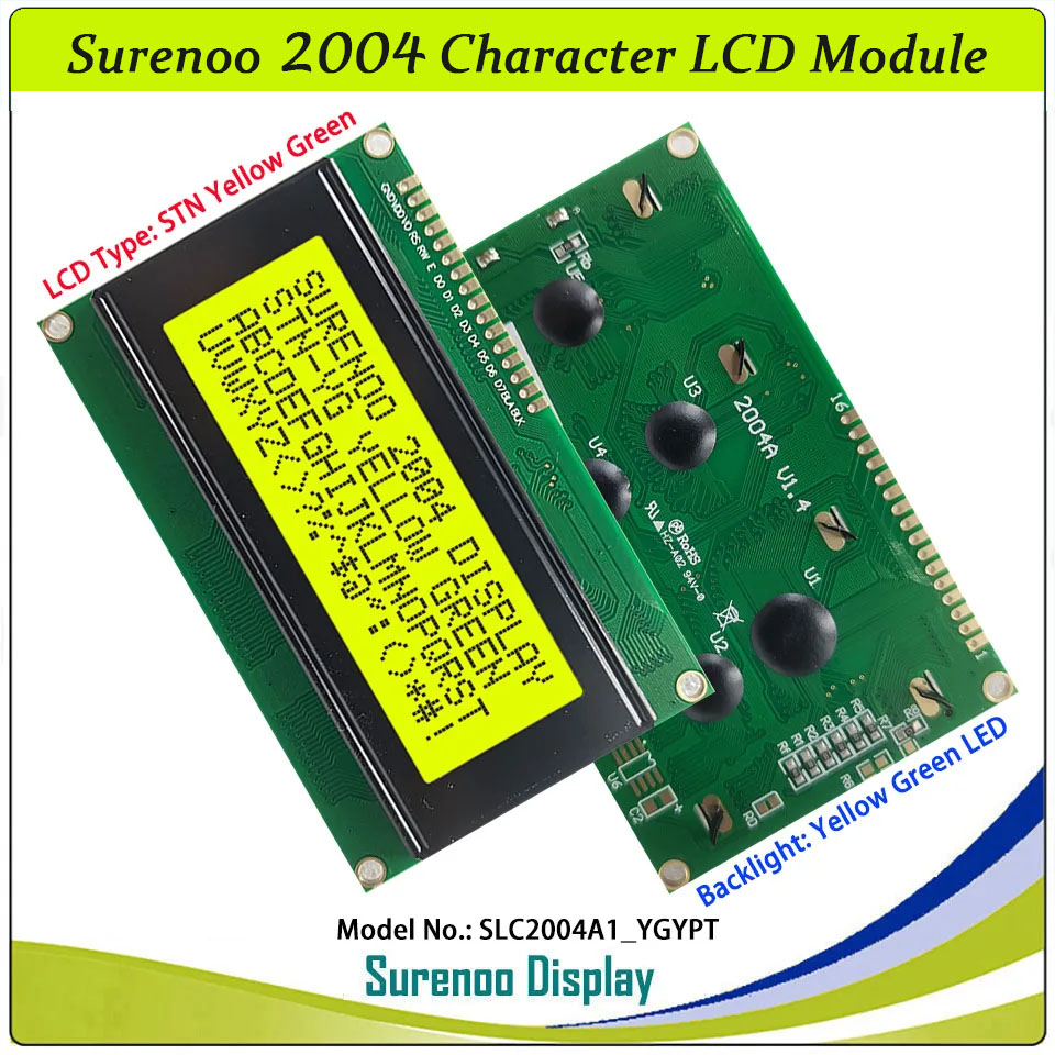 SLC2004A1 PCB=98.00X60.00MM 2004 20*4 Surenoo Character LCD Module Display Screen Panel 6800 4/8-bit Parallel Serial IIC I2C AIP31066 ST7066 PCF8574 Controller STN Yellow Green Blue VA-TN Negative FSTN Positive LED Backlight LCD2USB for AIDA64