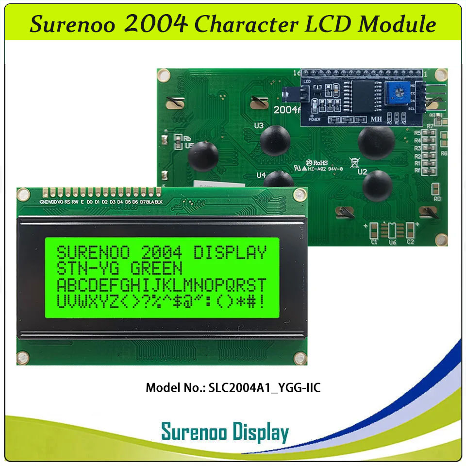 SLC2004A1 PCB=98.00X60.00MM 2004 20*4 Surenoo Character LCD Module Display Screen Panel 6800 4/8-bit Parallel Serial IIC I2C AIP31066 ST7066 PCF8574 Controller STN Yellow Green Blue VA-TN Negative FSTN Positive LED Backlight LCD2USB for AIDA64