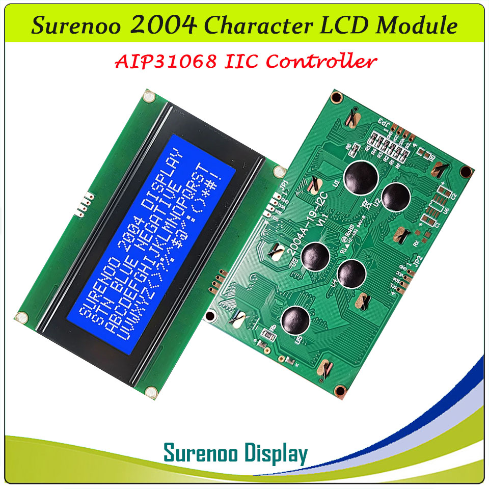 SLC2004A2 PCB=98.00X60.00MM 2004 20*4 Surenoo Character LCD Module Display Screen Panel Integrated Serial IIC I2C AIP31068 Controller STN Yellow Green STN Blue FSTN Positive LED Backlight for Arduino UNO Nano Mega2560