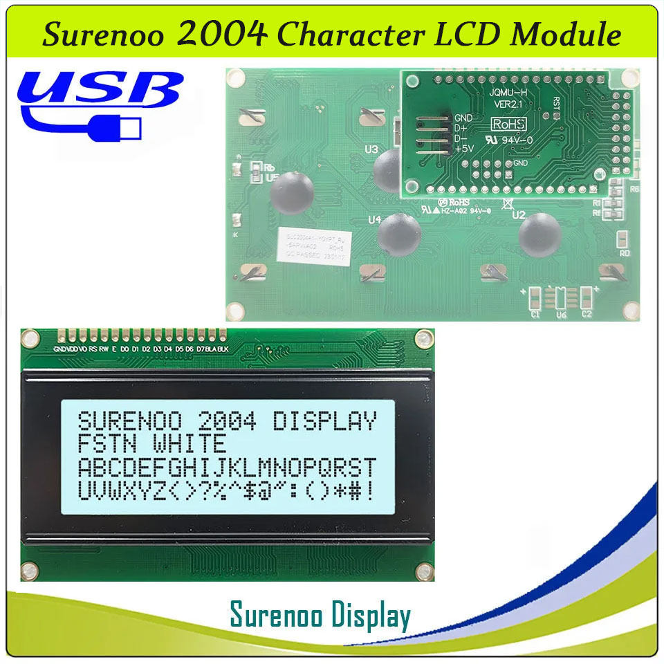 SLC2004A1 PCB=98.00X60.00MM 2004 20*4 Surenoo Character LCD Module Display Screen Panel 6800 4/8-bit Parallel Serial IIC I2C AIP31066 ST7066 PCF8574 Controller STN Yellow Green Blue VA-TN Negative FSTN Positive LED Backlight LCD2USB for AIDA64