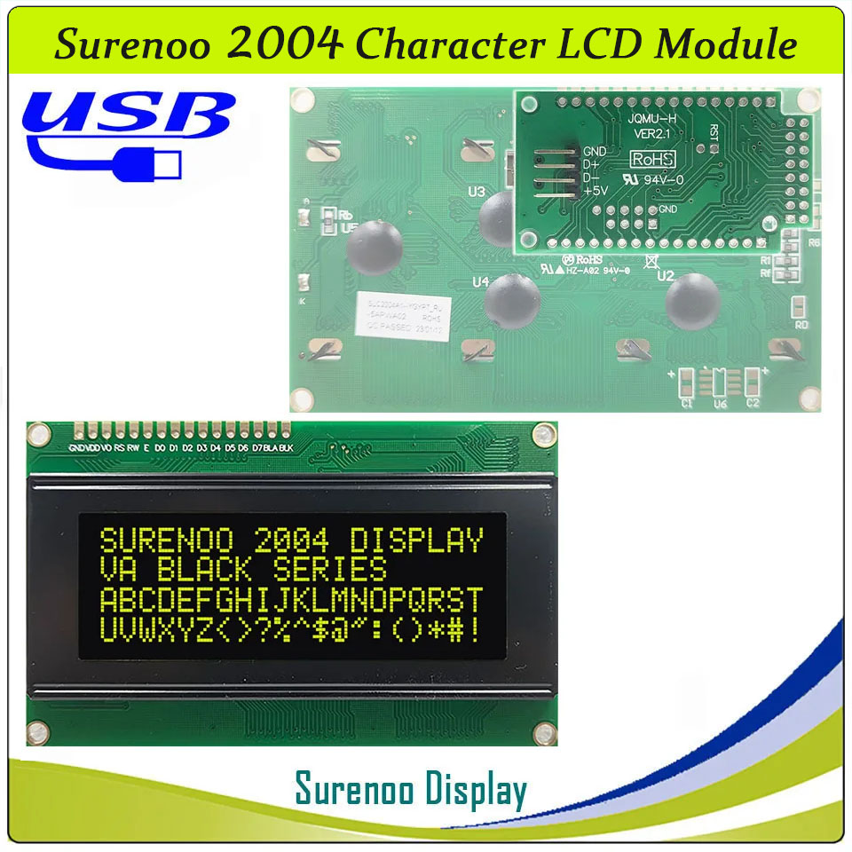 SLC2004A1 PCB=98.00X60.00MM 2004 20*4 Surenoo Character LCD Module Display Screen Panel 6800 4/8-bit Parallel Serial IIC I2C AIP31066 ST7066 PCF8574 Controller STN Yellow Green Blue VA-TN Negative FSTN Positive LED Backlight LCD2USB for AIDA64