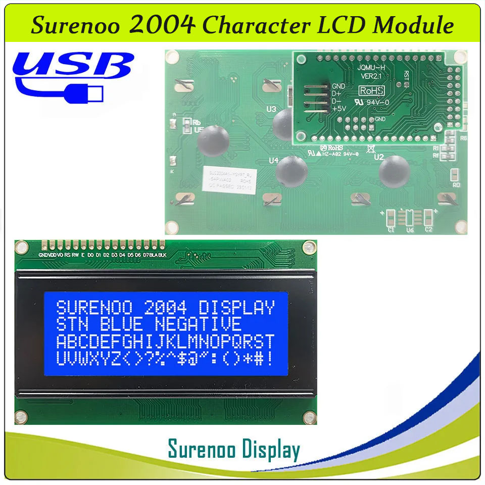 SLC2004A1 PCB=98.00X60.00MM 2004 20*4 Surenoo Character LCD Module Display Screen Panel 6800 4/8-bit Parallel Serial IIC I2C AIP31066 ST7066 PCF8574 Controller STN Yellow Green Blue VA-TN Negative FSTN Positive LED Backlight LCD2USB for AIDA64