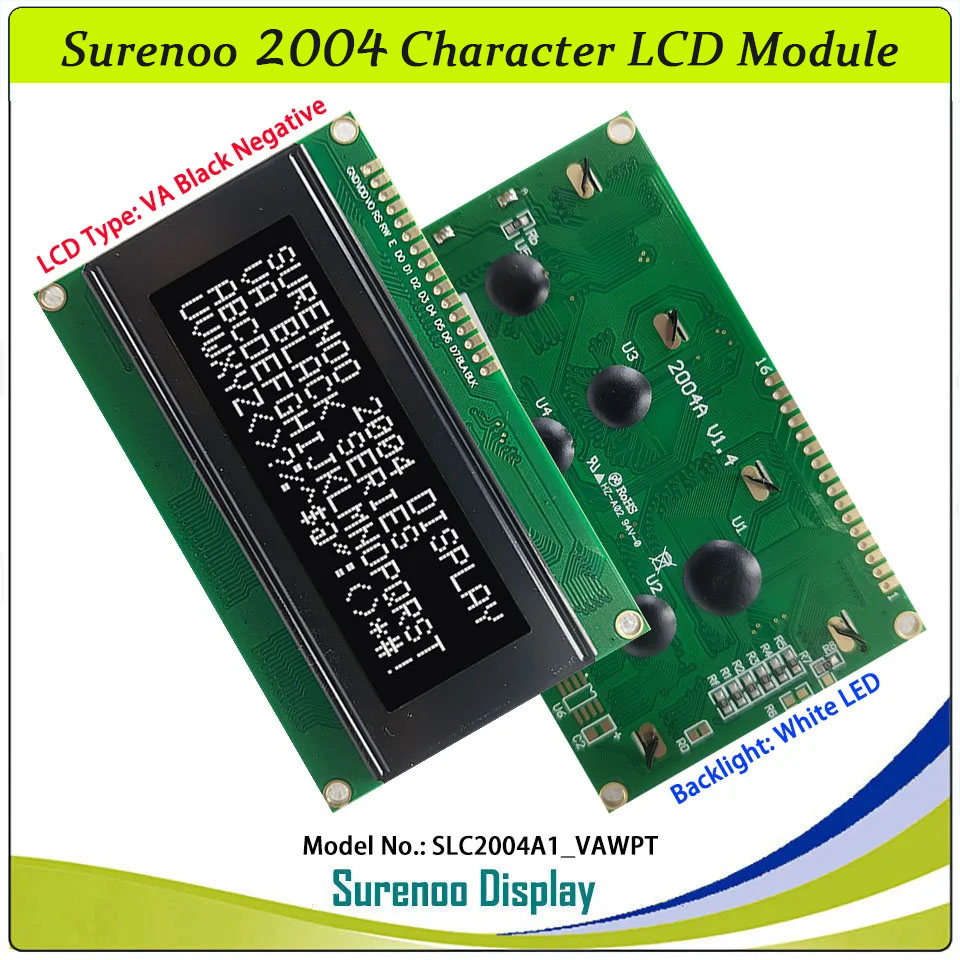 SLC2004A1 PCB=98.00X60.00MM 2004 20*4 Surenoo Character LCD Module Display Screen Panel 6800 4/8-bit Parallel Serial IIC I2C AIP31066 ST7066 PCF8574 Controller STN Yellow Green Blue VA-TN Negative FSTN Positive LED Backlight LCD2USB for AIDA64