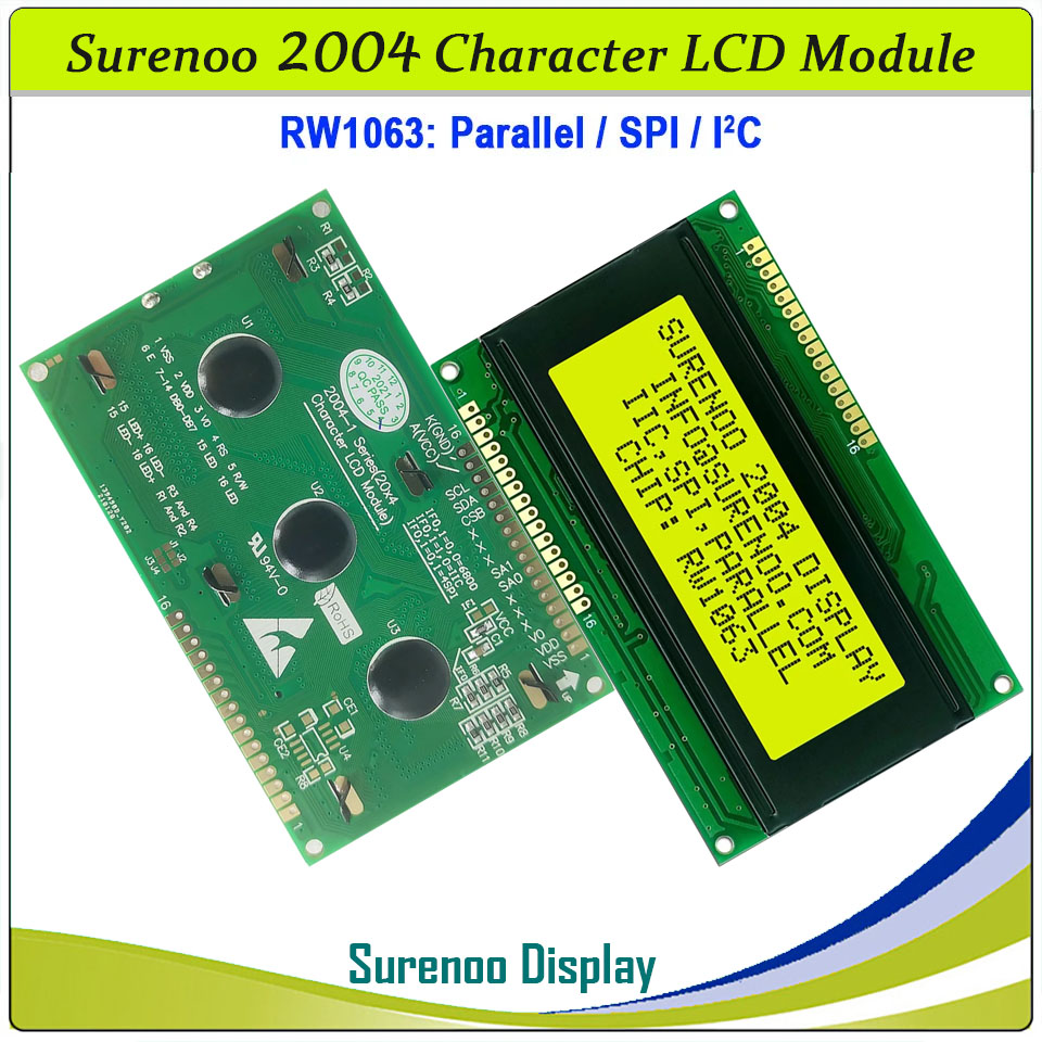 SLC2004A4 PCB=98.00X60.00 2004 20*4 Surenoo Character LCD Module Display Screen Panel 6800 4-Bit 8-Bit Parallel Integrated Serial IIC I2C SPI RW1063 Controller STN Yellow Green STN Blue LED Backlight for Arduino UNO Nano Mega2560