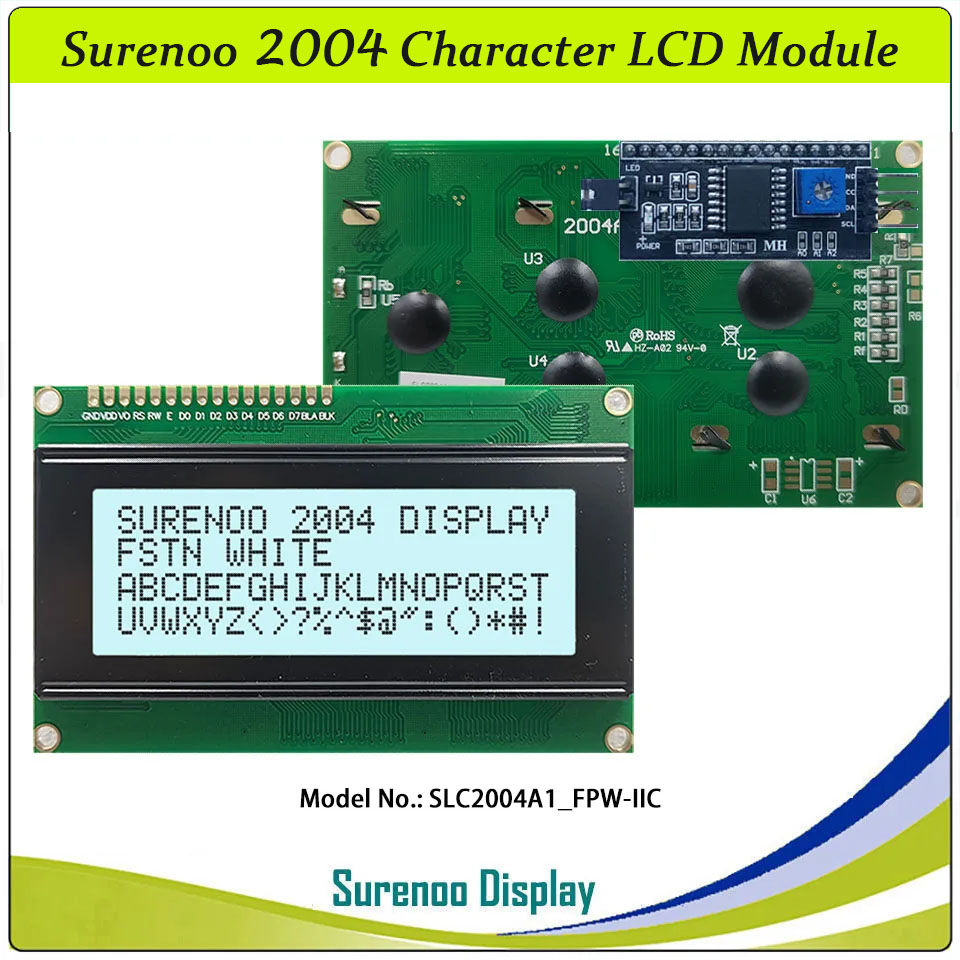 SLC2004A1 PCB=98.00X60.00MM 2004 20*4 Surenoo Character LCD Module Display Screen Panel 6800 4/8-bit Parallel Serial IIC I2C AIP31066 ST7066 PCF8574 Controller STN Yellow Green Blue VA-TN Negative FSTN Positive LED Backlight LCD2USB for AIDA64