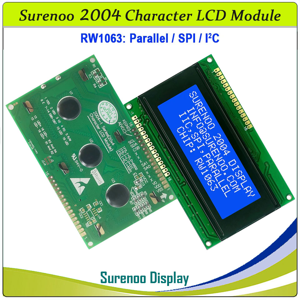 SLC2004A4 PCB=98.00X60.00 2004 20*4 Surenoo Character LCD Module Display Screen Panel 6800 4-Bit 8-Bit Parallel Integrated Serial IIC I2C SPI RW1063 Controller STN Yellow Green STN Blue LED Backlight for Arduino UNO Nano Mega2560