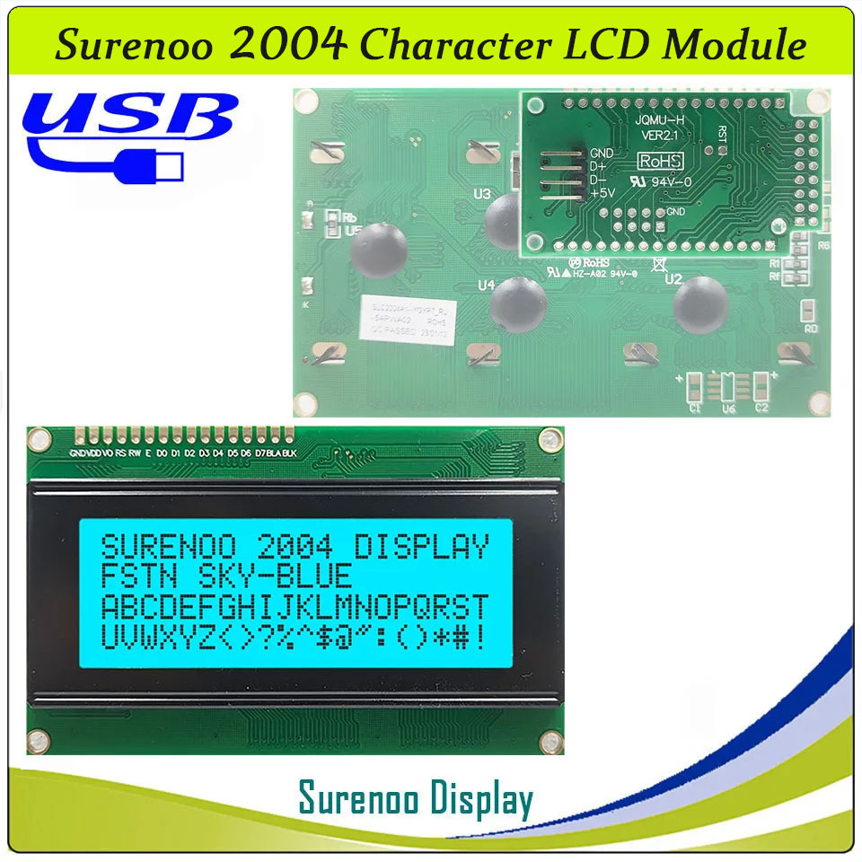 SLC2004A1 PCB=98.00X60.00MM 2004 20*4 Surenoo Character LCD Module Display Screen Panel 6800 4/8-bit Parallel Serial IIC I2C AIP31066 ST7066 PCF8574 Controller STN Yellow Green Blue VA-TN Negative FSTN Positive LED Backlight LCD2USB for AIDA64