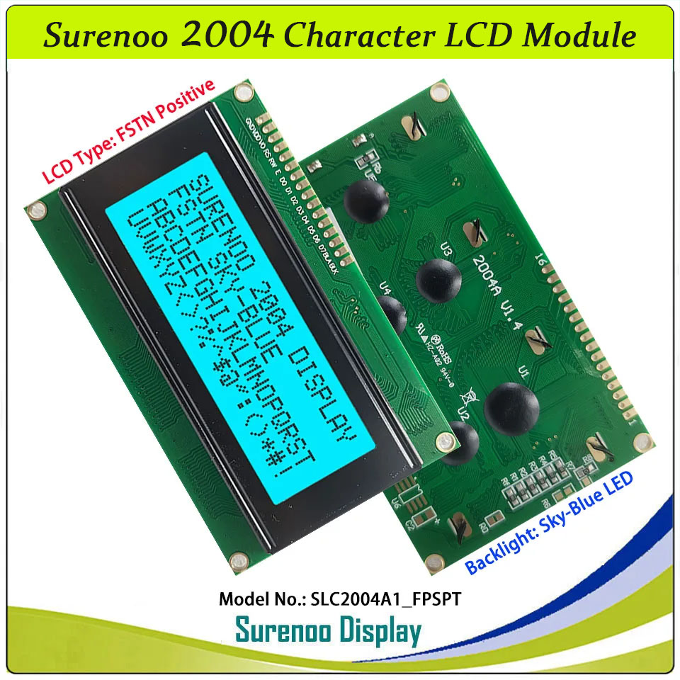 SLC2004A1 PCB=98.00X60.00MM 2004 20*4 Surenoo Character LCD Module Display Screen Panel 6800 4/8-bit Parallel Serial IIC I2C AIP31066 ST7066 PCF8574 Controller STN Yellow Green Blue VA-TN Negative FSTN Positive LED Backlight LCD2USB for AIDA64