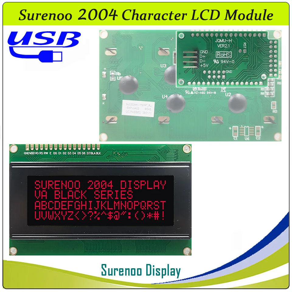 SLC2004A1 PCB=98.00X60.00MM 2004 20*4 Surenoo Character LCD Module Display Screen Panel 6800 4/8-bit Parallel Serial IIC I2C AIP31066 ST7066 PCF8574 Controller STN Yellow Green Blue VA-TN Negative FSTN Positive LED Backlight LCD2USB for AIDA64