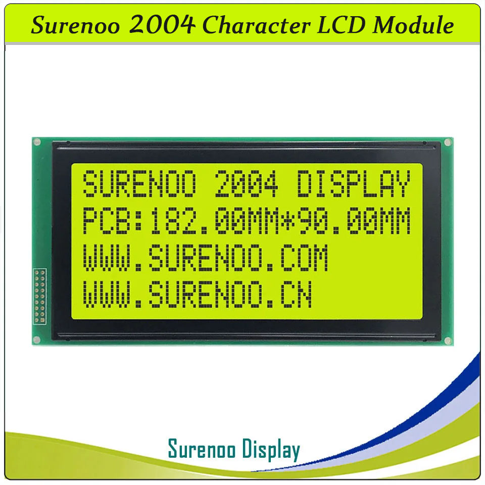 SLC2004C PCB=182.00X90.00MM 2004 20*4 Surenoo Character LCD Module Display Screen Panel 6800 4-bit 8-bit Parallel Serial IIC I2C AIP31066 SPLC780D ST7066 PCF8574 Controller STN Yellow Green LED Backlight