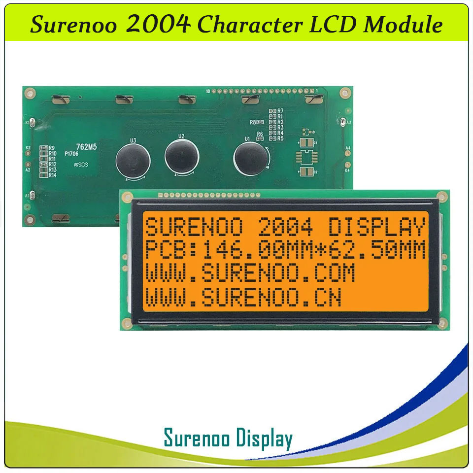 SLC2004B PCB=146.00X62.50MM 2004 20*4 Surenoo Character LCD Module Display Screen Panel 6800 4-bit 8-bit Parallel Serial IIC I2C AIP31066 SPLC780D ST7066 PCF8574 Controller STN Yellow Green STN Blue VA-TN Negative FSTN Positive LED Backlight